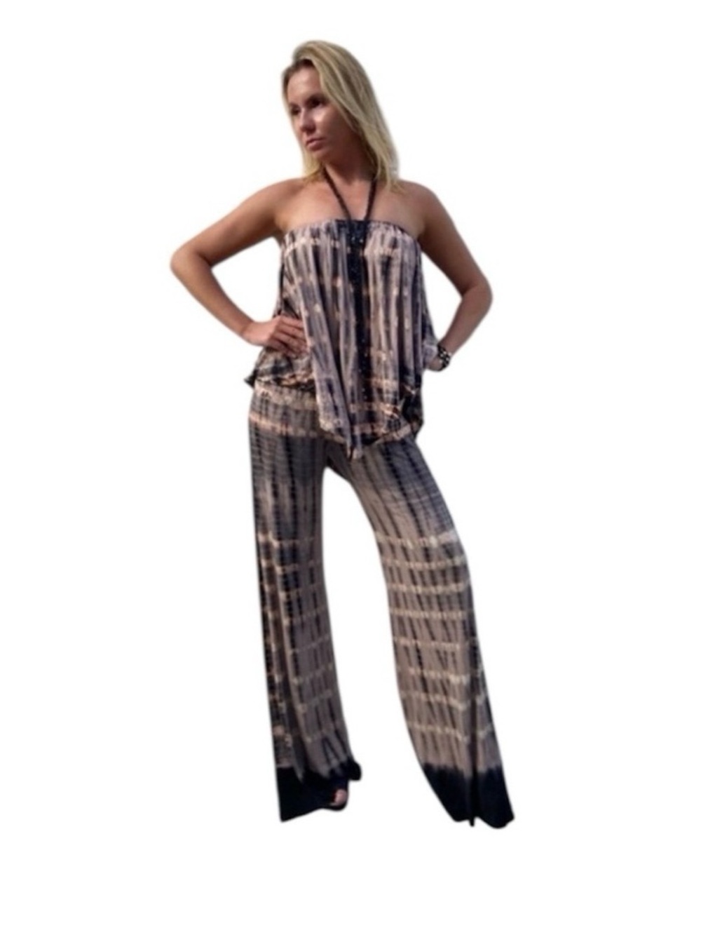 Strapless Wide-Leg Tie-Dye Jumpsuit - Black & Cream